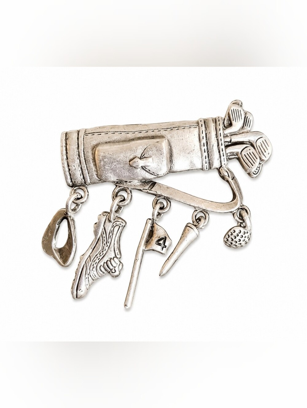 Signed JJ Golf Bag Clubs‎ Dangle Pewter Brooch Pin